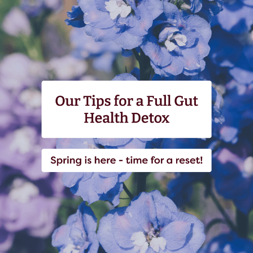 Purple flowers background with text "tips for gut health detox"