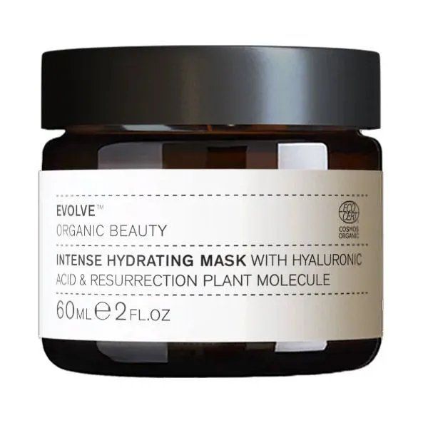 Amber glass jar of Evolve Organic Beauty Intense Hydrating Mask with hyaluronic acid and resurrection plant molecule, 60ml.